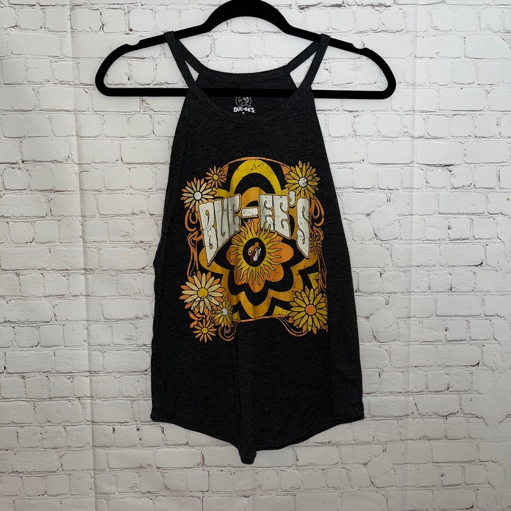 Buc-ees Womens Retro Sunflower Graphic Halter Tank Top Charcoal Heather Small